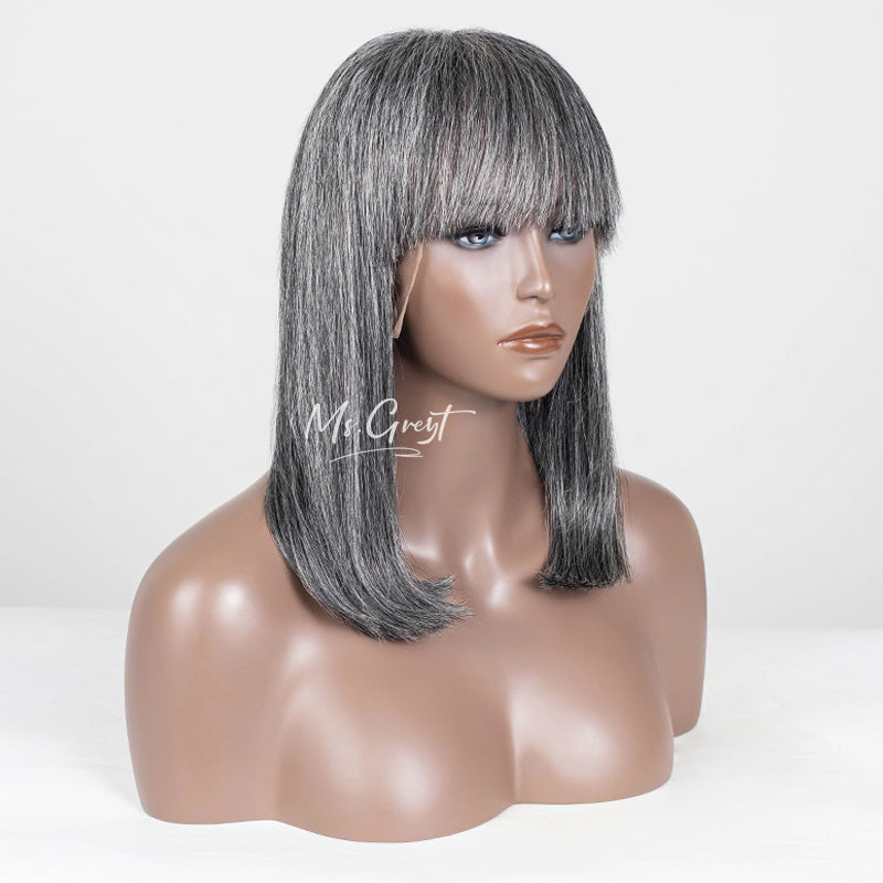 Straight Bob With Bangs Grey Human Hair Lace Front Wig™️-GLFW025