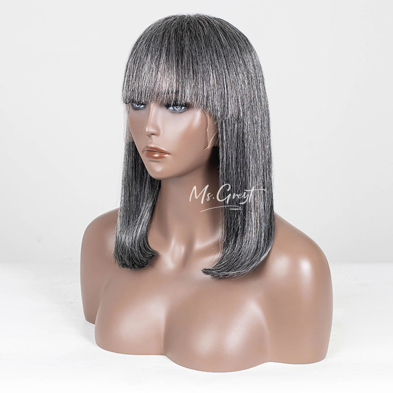 Straight Bob With Bangs Grey Human Hair Lace Front Wig™️-GLFW025