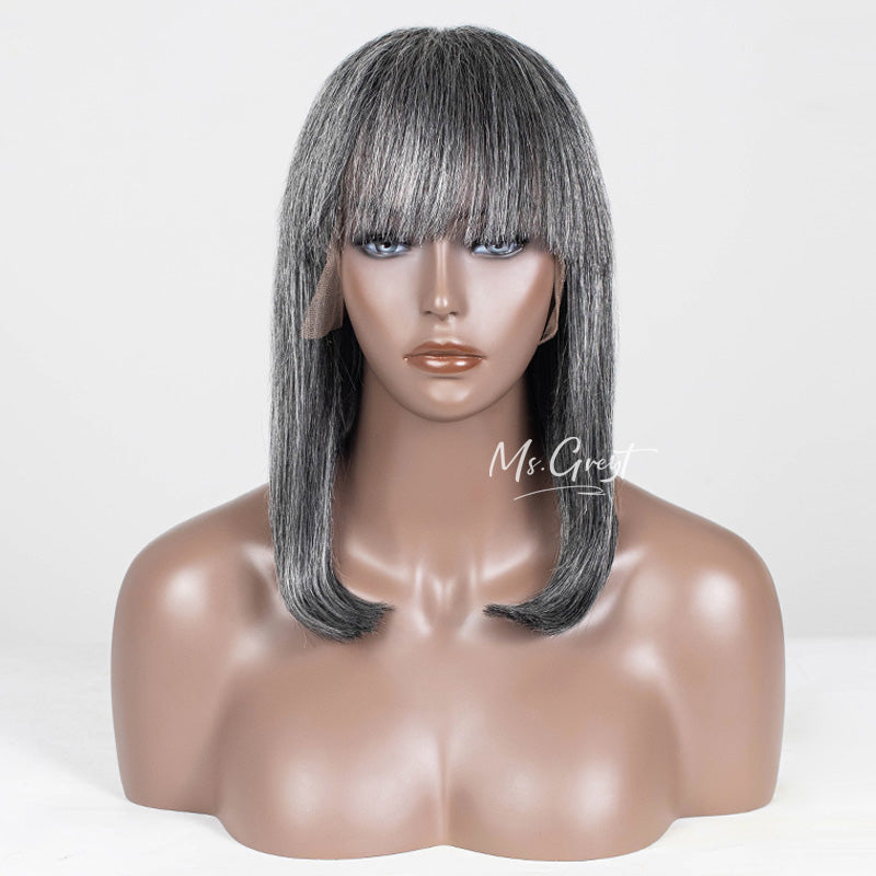Straight Bob With Bangs Grey Human Hair Lace Front Wig™️-GLFW025