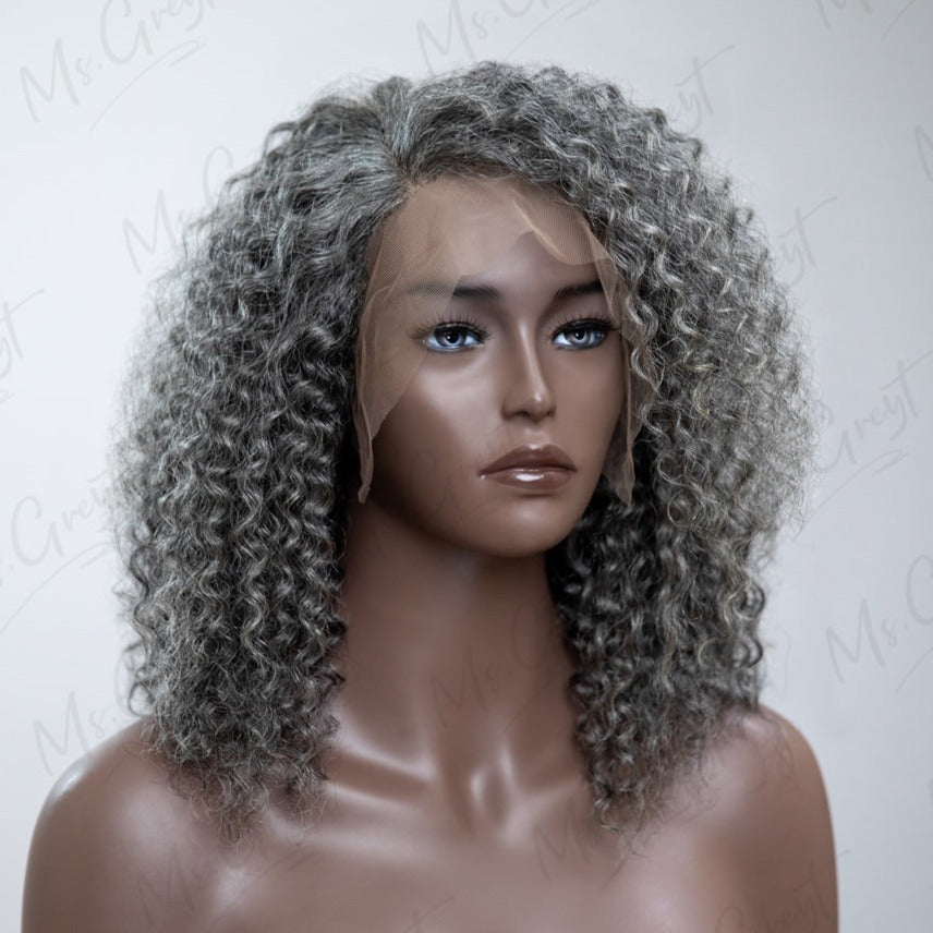 Shoulder Length Grey Curly Human Hair Lace Front Wig™️-GLFW006S