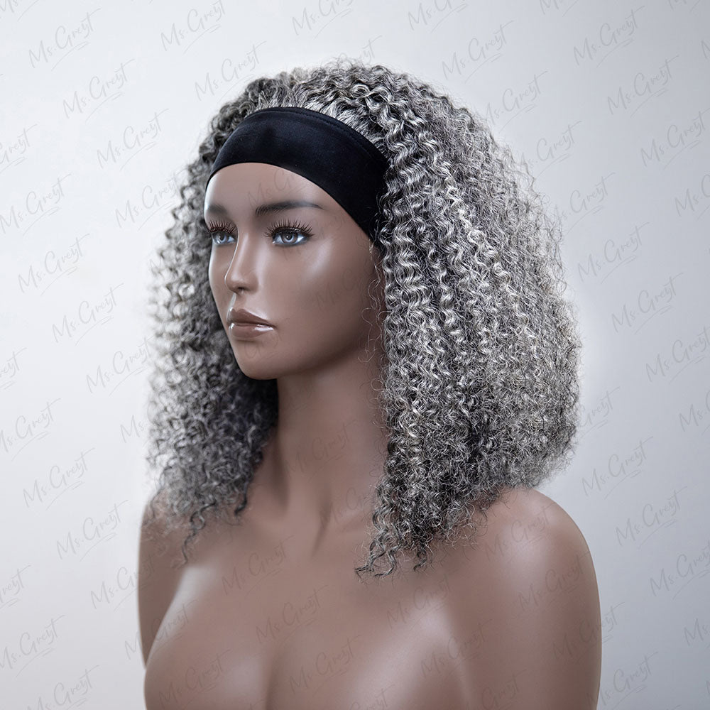 Grey Coily Human Hair Headband Wig GHBW001