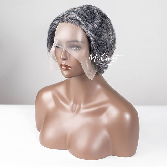 #51 Chin Length Grey Pixie Bob Human Hair Lace Front Wig™️-GLFW024