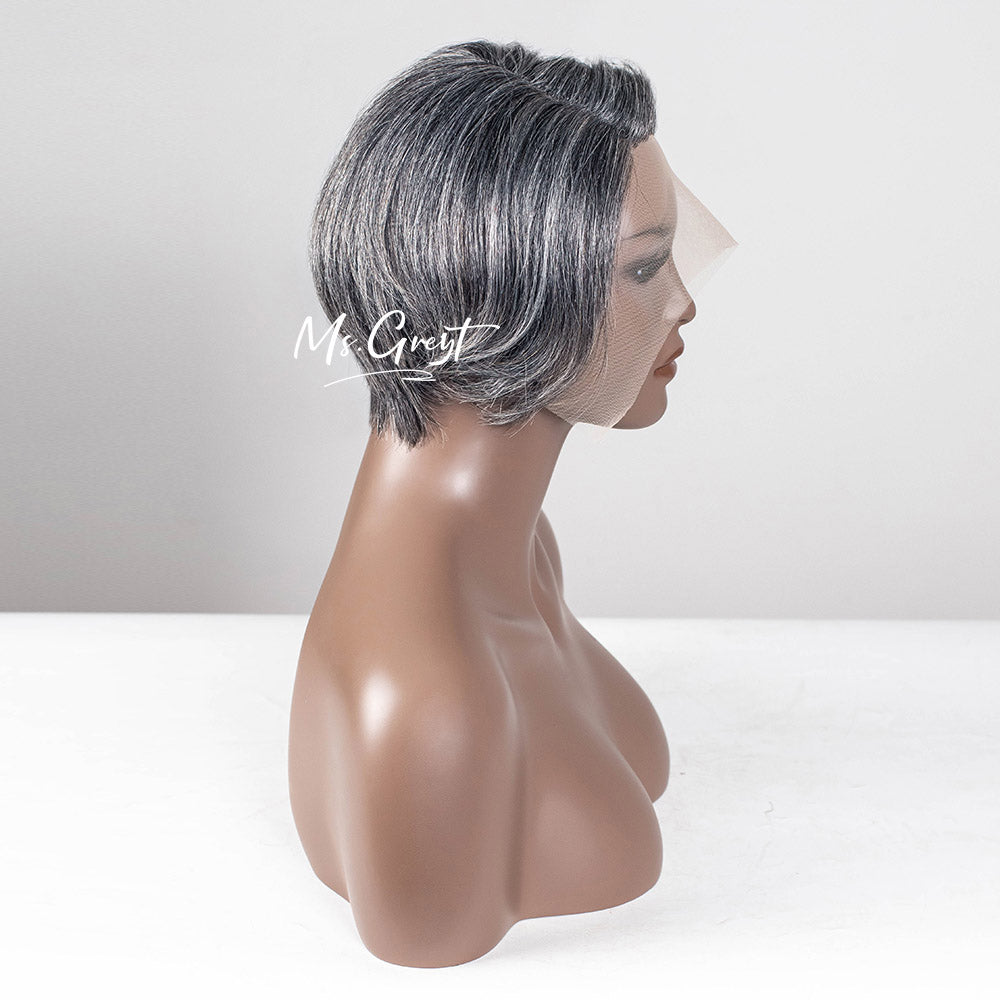 #51 Chin Length Grey Pixie Bob Human Hair Lace Front Wig™️-GLFW024