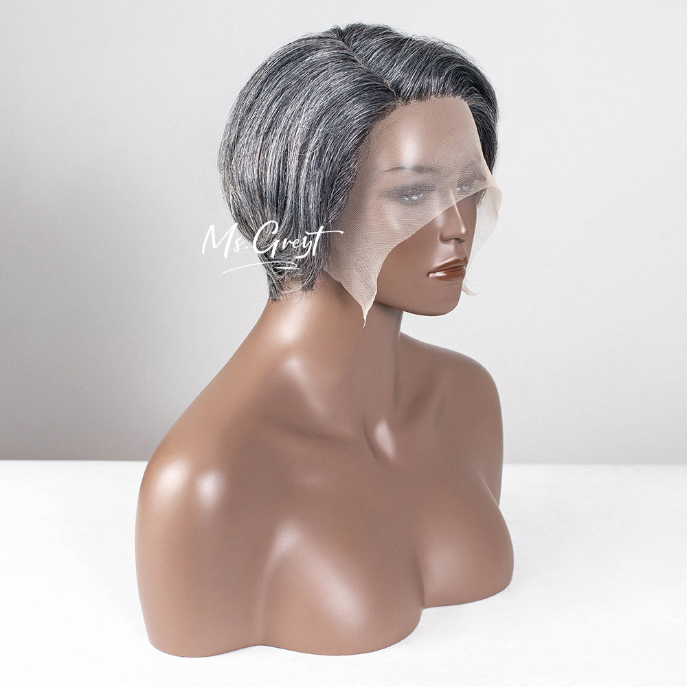 #51 Chin Length Grey Pixie Bob Human Hair Lace Front Wig™️-GLFW024