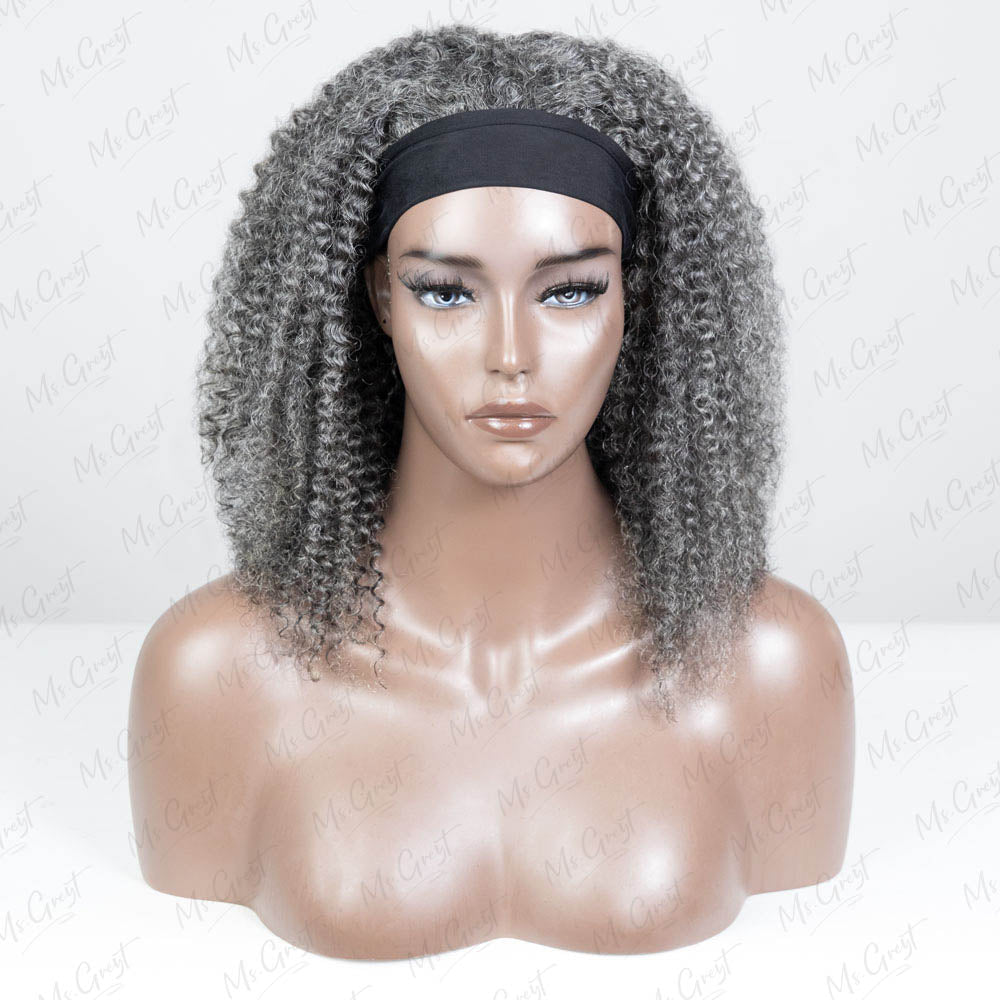 51 Grey Curly Human Hair Headband Wig GHBW006