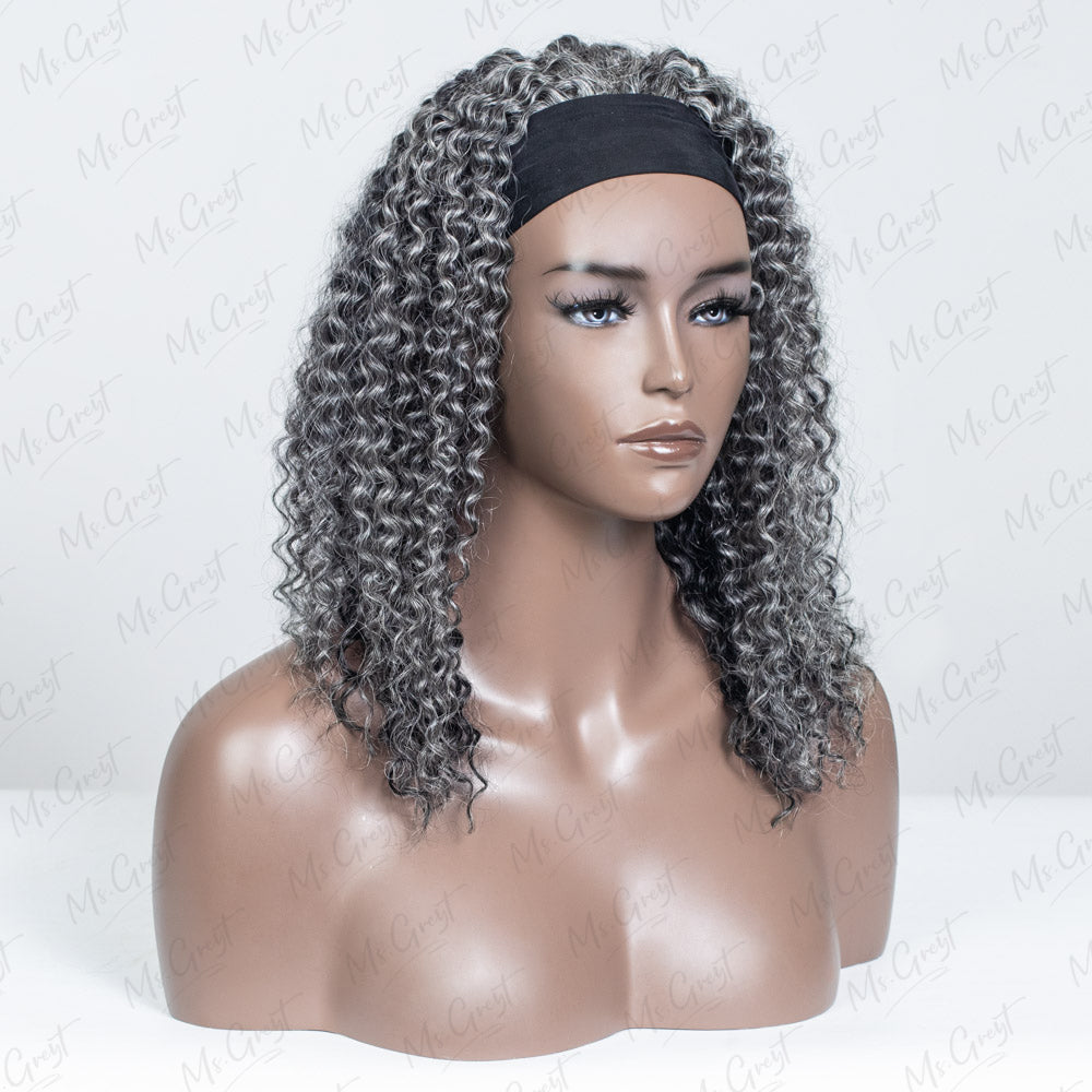 #44 Grey Curly Human Hair Headband Wig™️-GHBW004