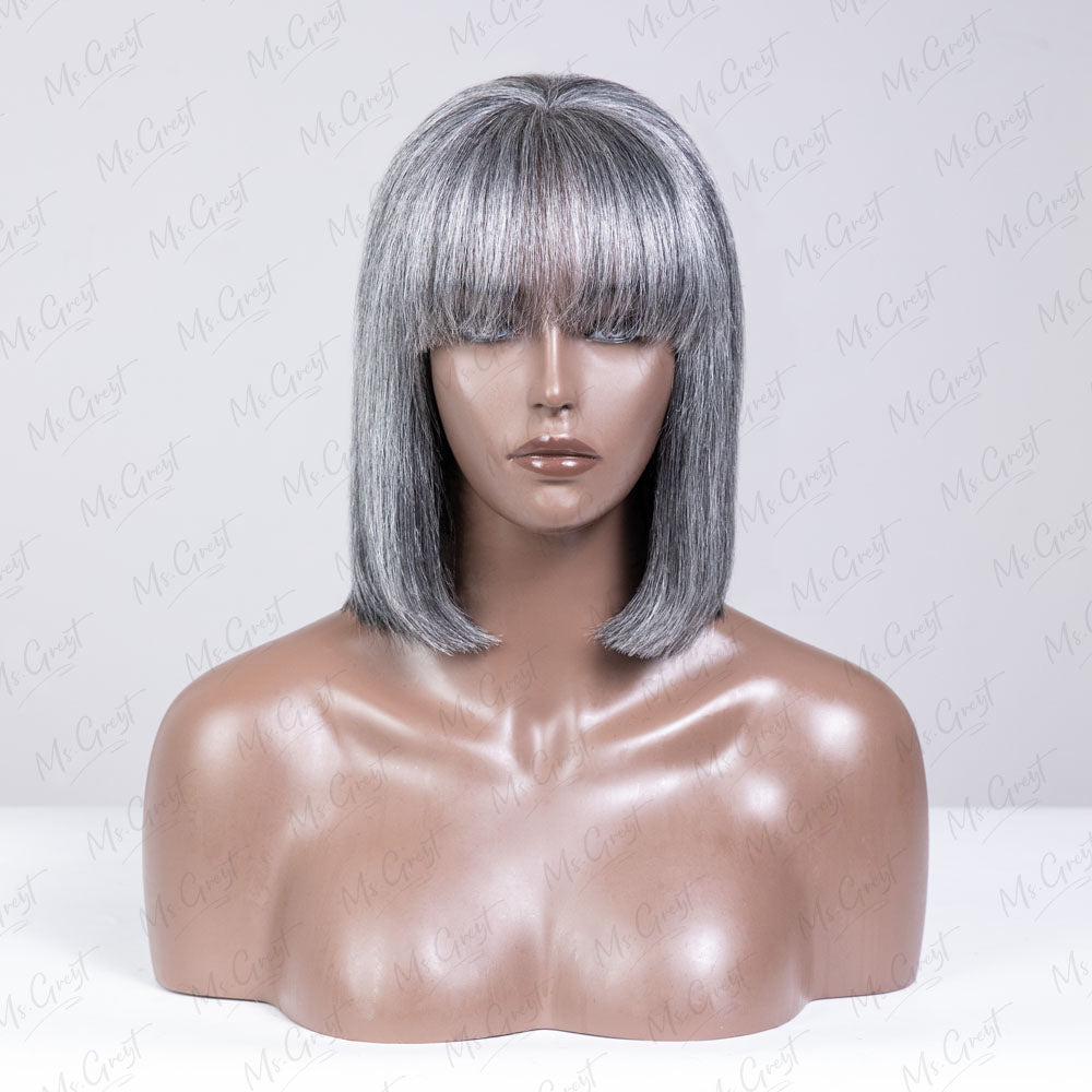 Layered Short Bob With Bangs Grey Human Hair Lace Front Wig™️-GLFW018S