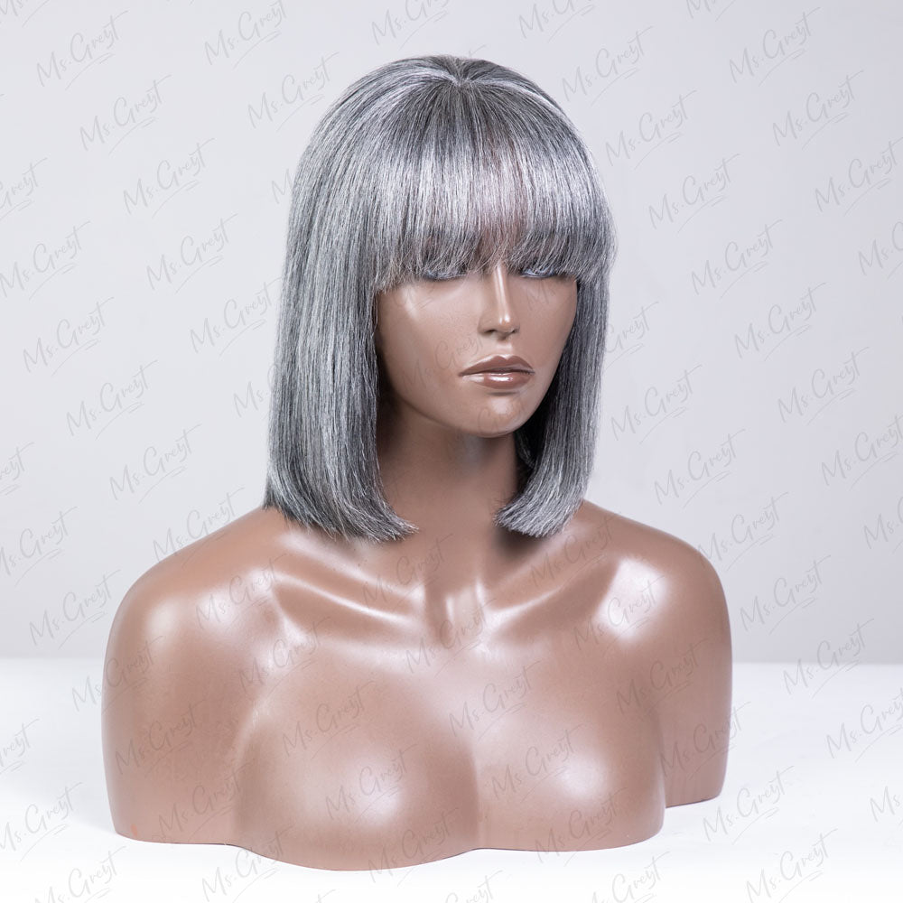 Layered Short Bob With Bangs Grey Human Hair Lace Front Wig™️-GLFW018S