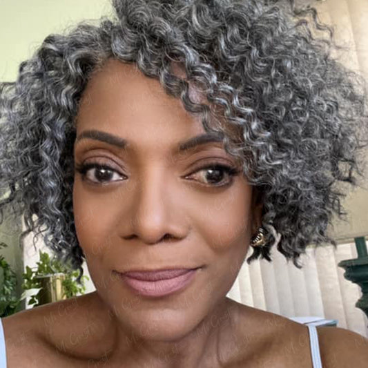 Short Layered Gray Curly Human Hair Lace Front Wig™️-GLFW009S