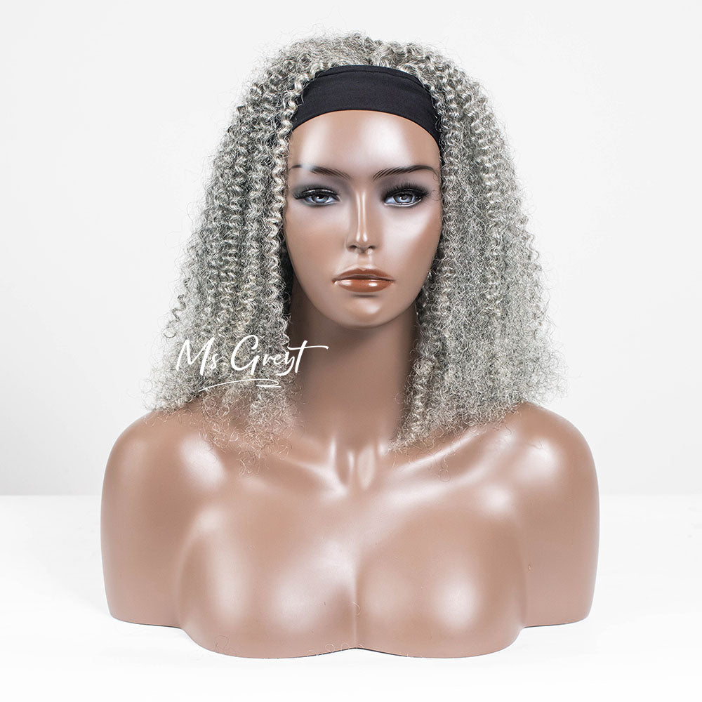 #60 Grey Curly Human Hair Headband Wig™️- GHBW013