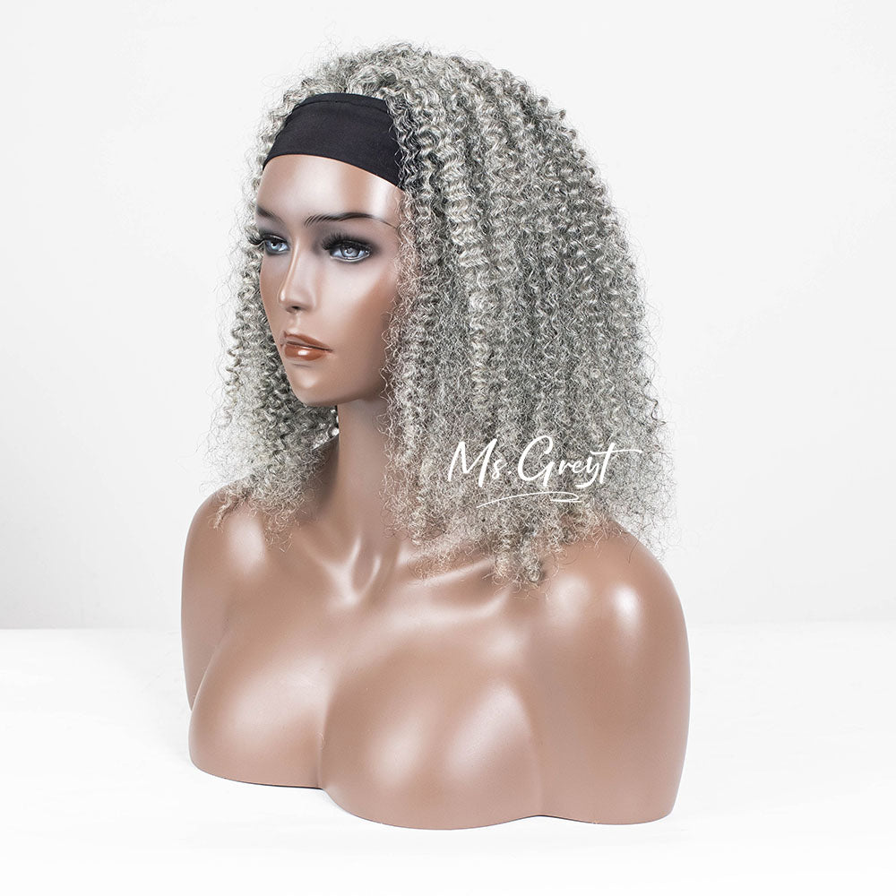 #60 Grey Curly Human Hair Headband Wig™️- GHBW013