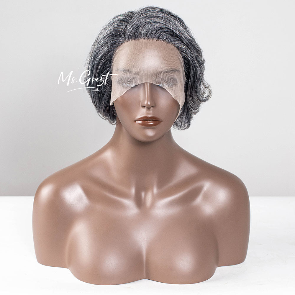 #51 Chin Length Grey Pixie Bob Human Hair Lace Front Wig™️-GLFW024