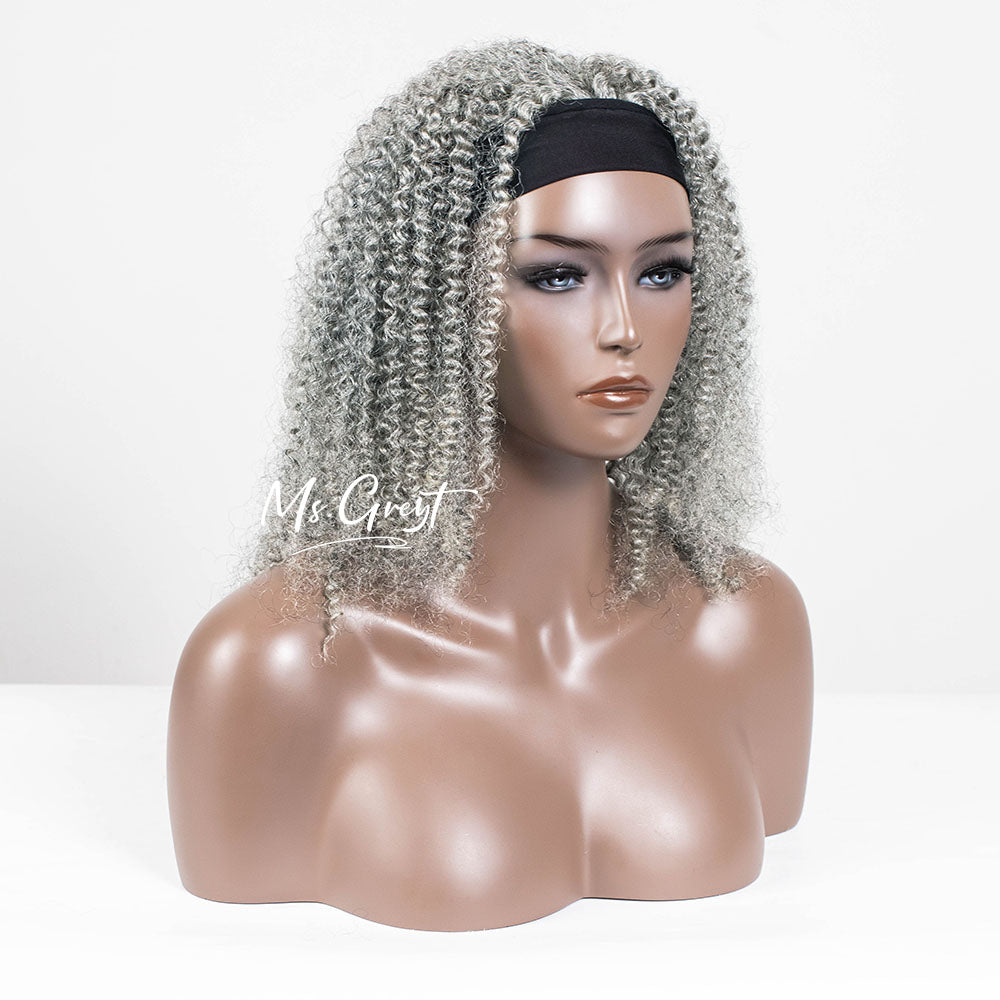 #60 Grey Curly Human Hair Headband Wig™️- GHBW013