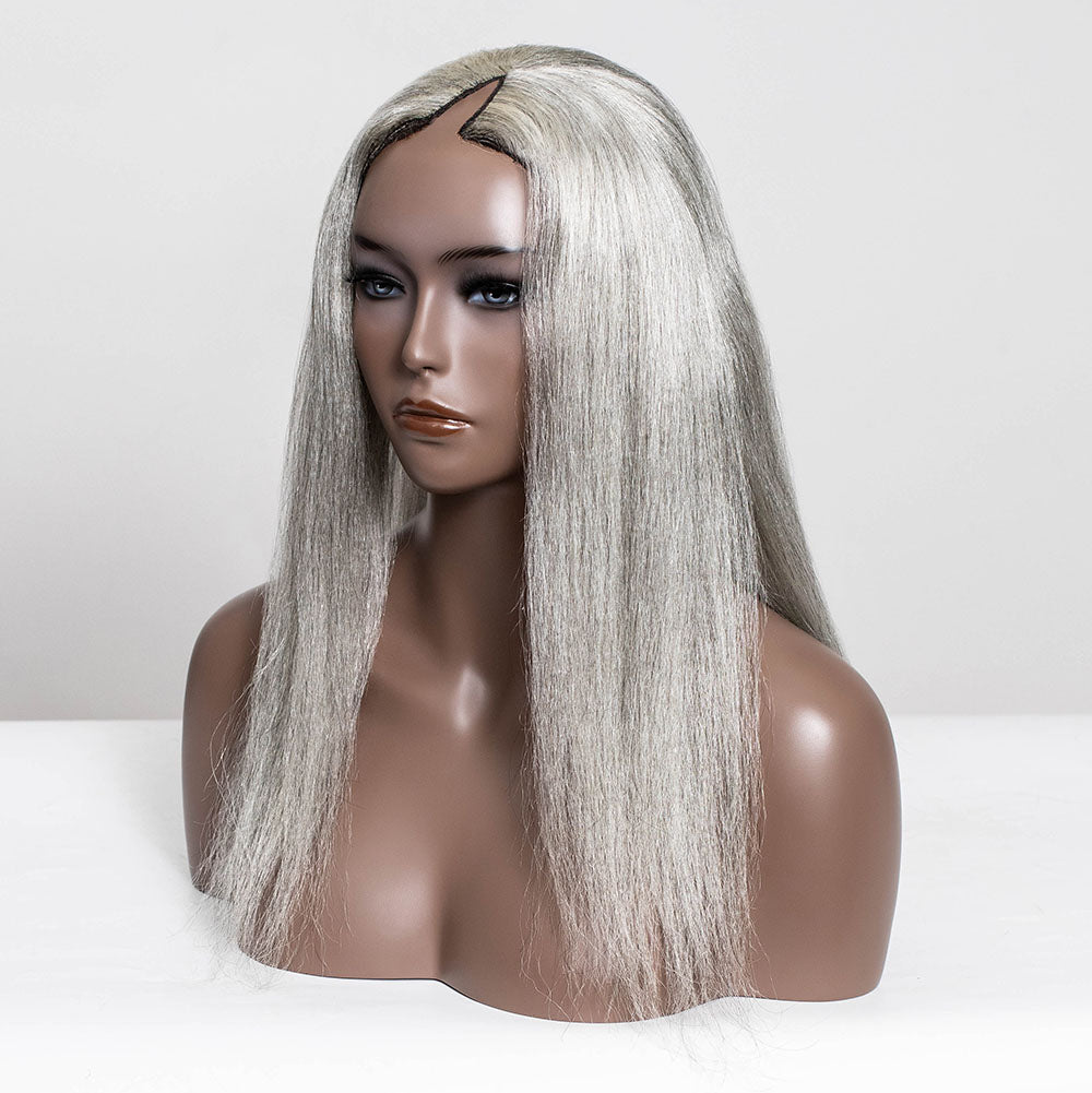 #Silver Yaki Human Hair V-Part Wig™️-GVPW0011