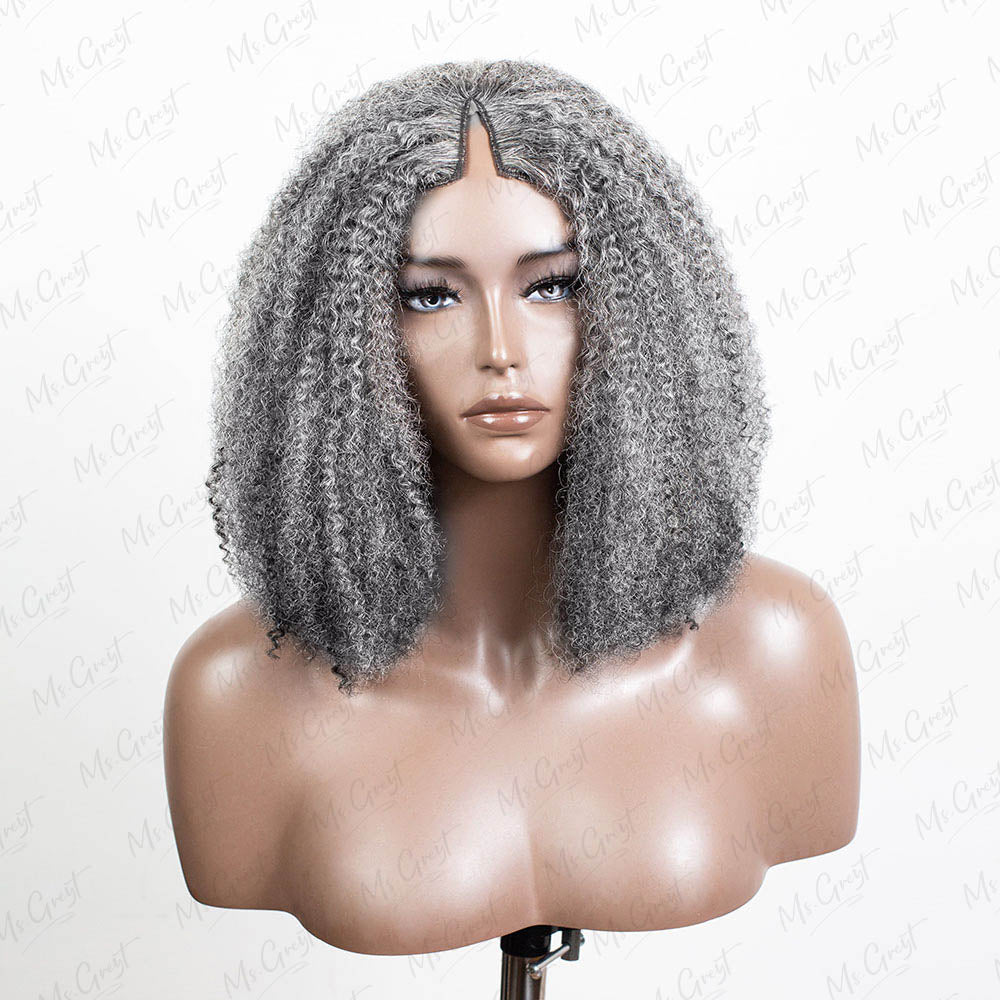 Grey Coily Human Hair V Part Wig GVPW001