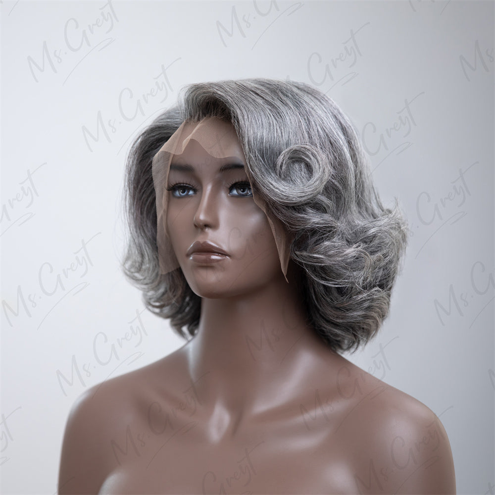 Short Grey Wavy Bob Human Hair Lace Front Wig™️-GLFW007S