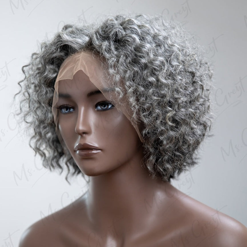 Short Bob Grey Curly Human Hair Lace Front Wig GLFW004S msgreyt