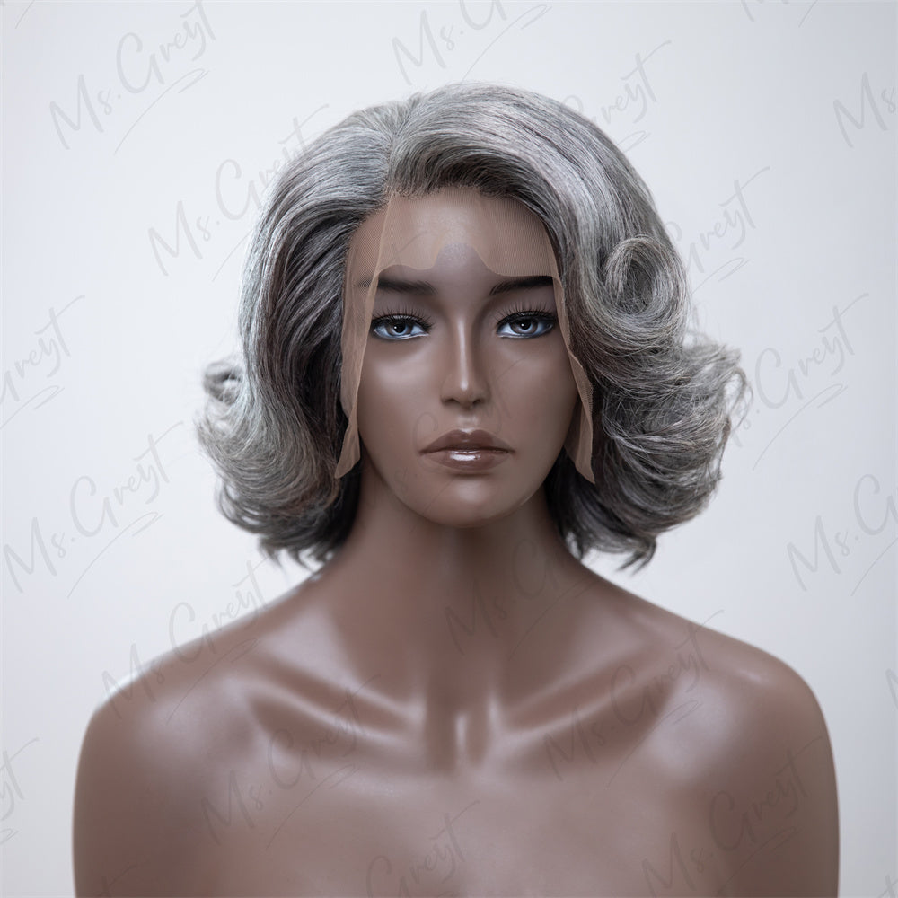 Short Grey Wavy Bob Human Hair Lace Front Wig™️-GLFW007S