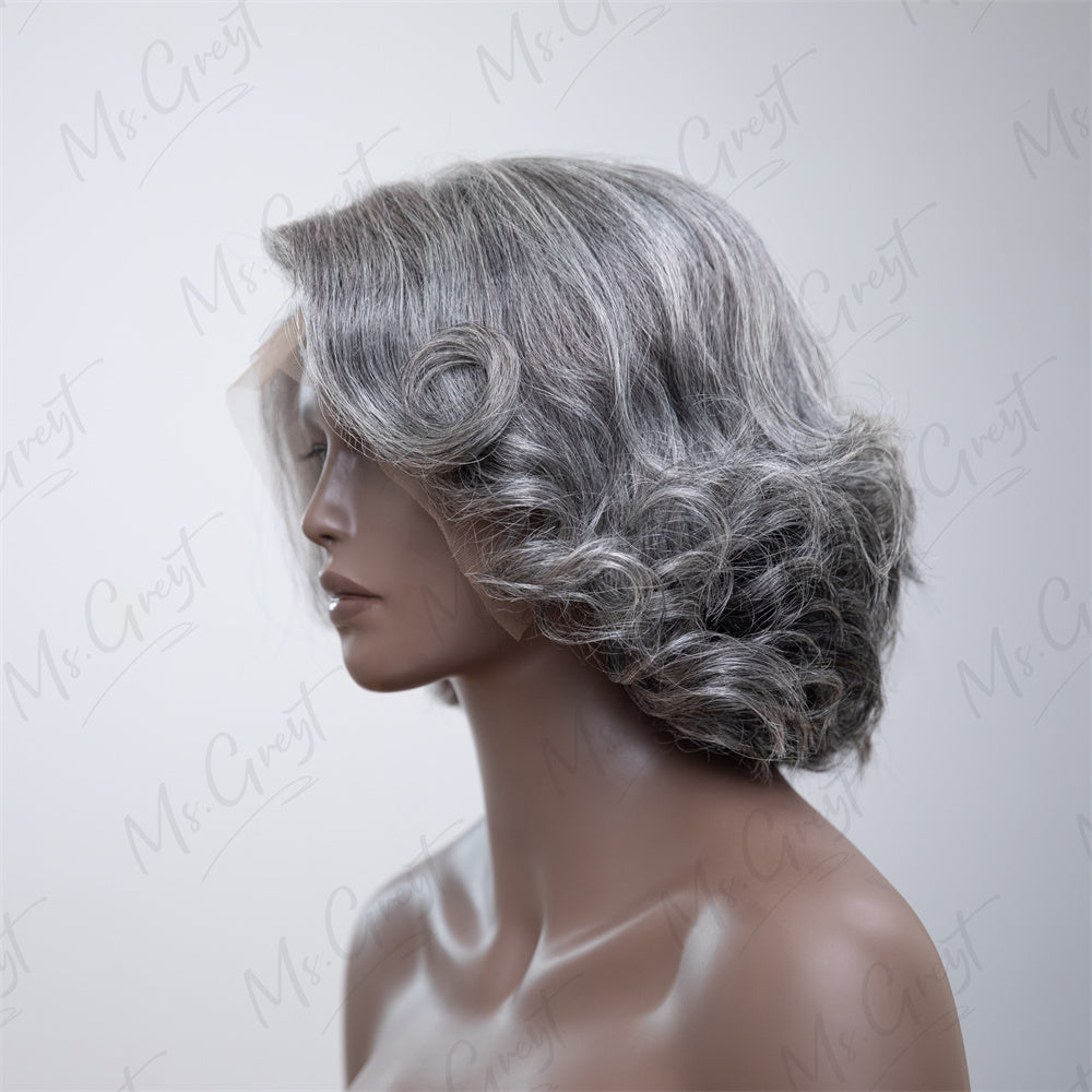 Short Grey Wavy Bob Human Hair Lace Front Wig™️-GLFW007S