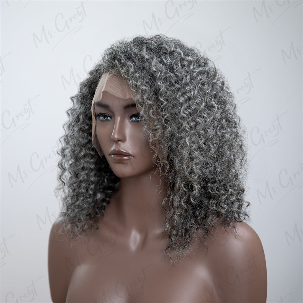 Shoulder Length Grey Curly Human Hair Lace Front Wig™️-GLFW006S