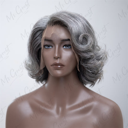 Short Grey Wavy Bob Human Hair Lace Front Wig™️-GLFW007S