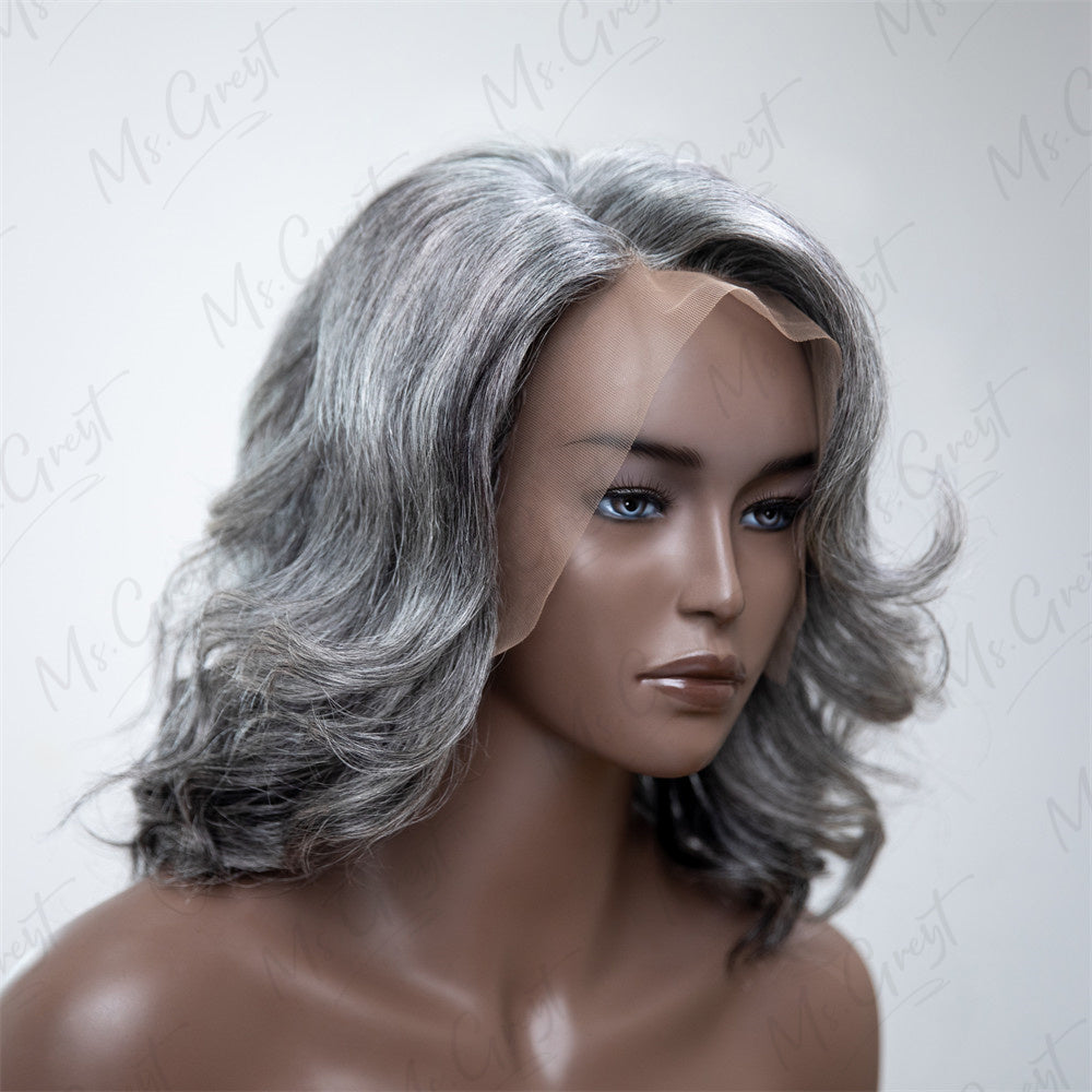 Side Part Layered Short Wavy Grey Human Hair Lace Front Wig™️-GLFW010S